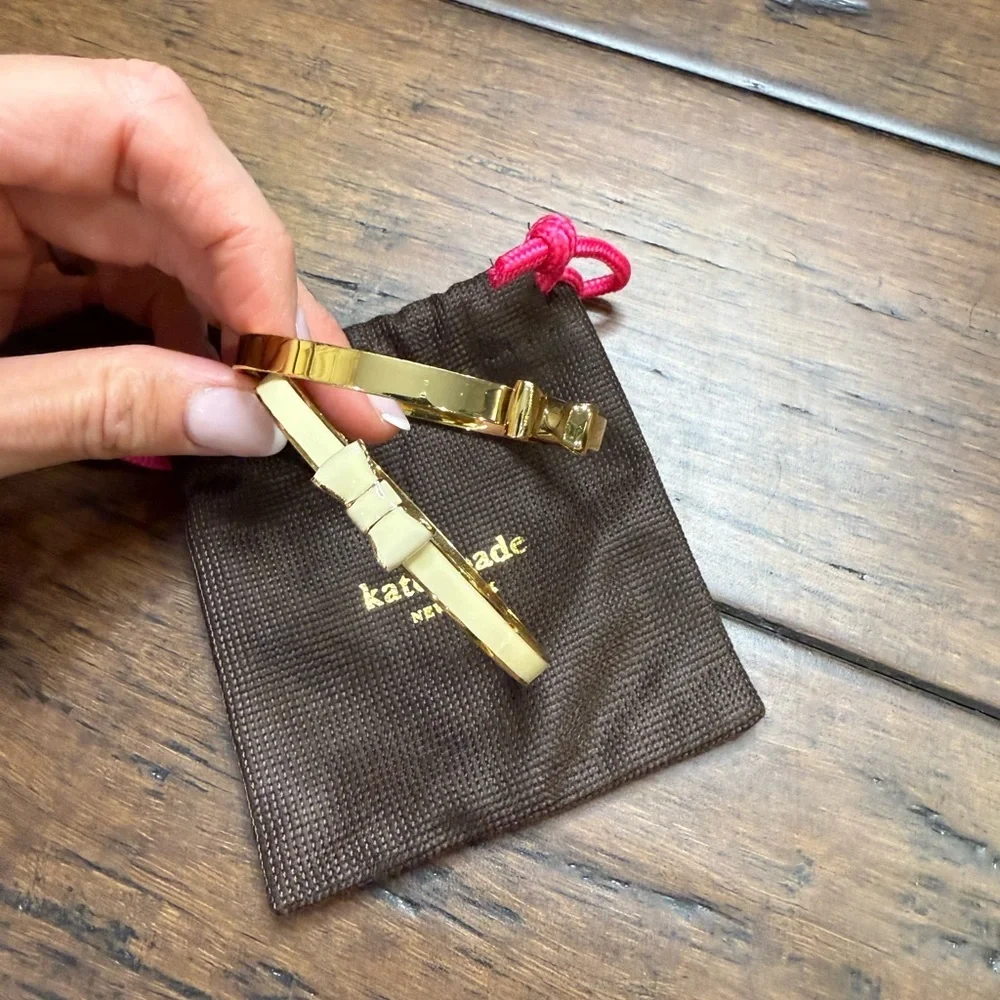 Kate Spade Gold and Cream Bow Bangles 2 stacking bracelets - Picture 3 of 5